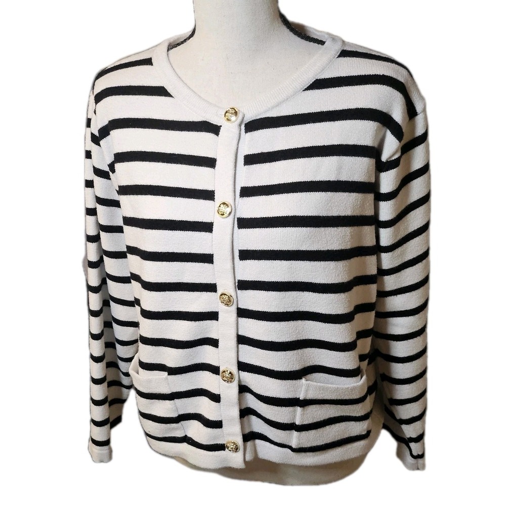 Lilusory Women's XL Cardigan/Sweater Black/White Striped Luxury Nautical,Preppy